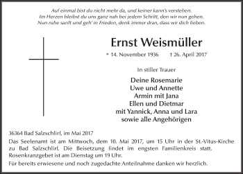 Traueranzeige von Ernst Weismüller 