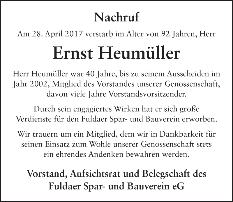  Traueranzeige für Ernst Heumüller vom 06.05.2017 aus 