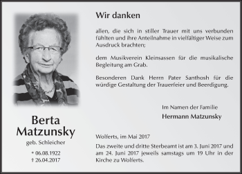 Traueranzeige von Berta Matzunsky 