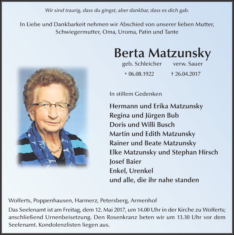  Traueranzeige für Berta Matzunsky vom 09.05.2017 aus 
