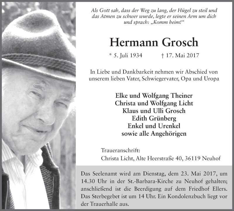  Traueranzeige für Hermann Grosch vom 20.05.2017 aus 