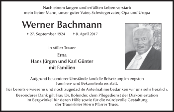 Traueranzeige von Werner Bachmann 