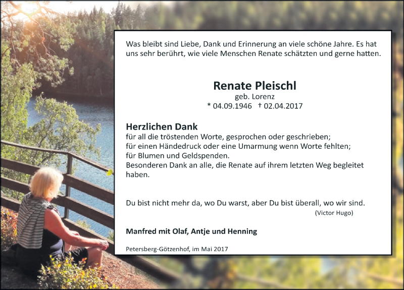  Traueranzeige für Renate Pleischl vom 05.05.2017 aus 