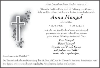 Traueranzeige von Anna Mangel 