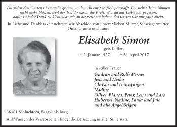 Traueranzeige von Elisabeth Simon 