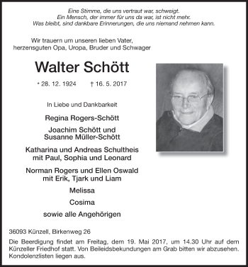 Traueranzeige von Walter Schött 