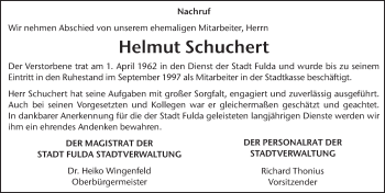 Traueranzeige von Helmut Schuchert 