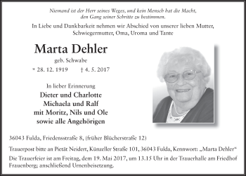 Traueranzeige von Marta Dehler 