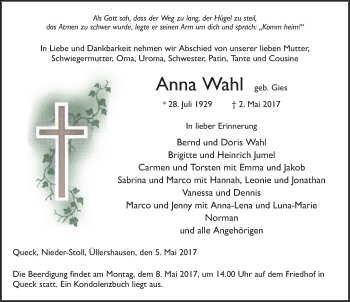 Traueranzeige von Anna Wahl 