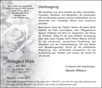Traueranzeige von Hildegard Ruck 