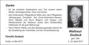 Traueranzeige von Waltraud Dudeck 