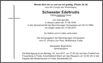 Traueranzeige von Schwester Edeltrudis 