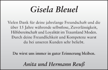 Traueranzeige von Gisela Bleuel 