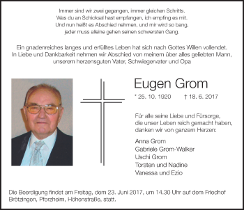 Traueranzeige von Eugen Grom 