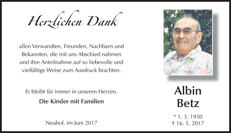  Traueranzeige für Albin Betz vom 24.06.2017 aus 