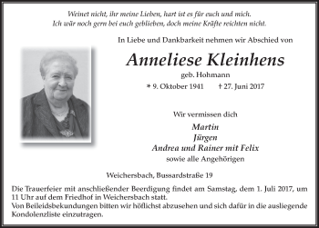 Traueranzeige von Anneliese Kleinhens 