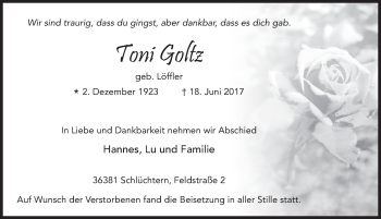 Traueranzeige von Toni Goltz 