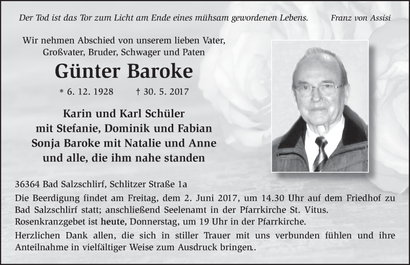  Traueranzeige für Günter Baroke vom 01.06.2017 aus 