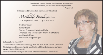 Traueranzeige von Mathilde Frank 