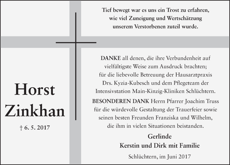  Traueranzeige für Horst Zinkhan vom 09.06.2017 aus 
