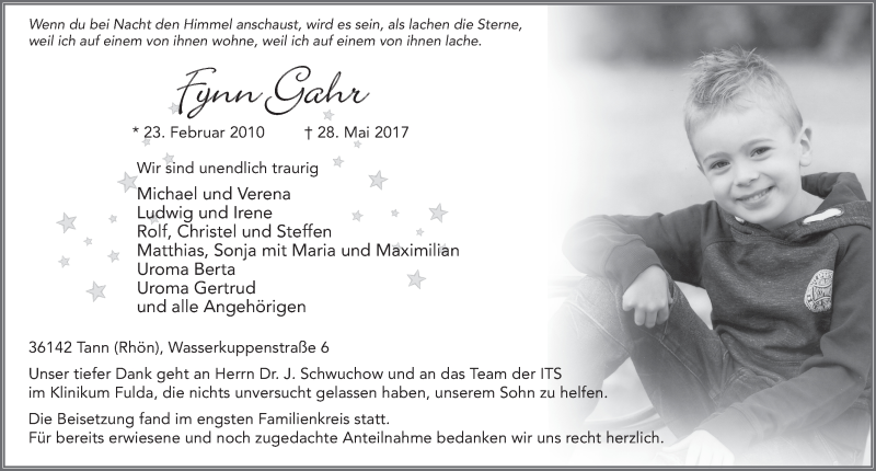  Traueranzeige für Fynn Gahr vom 06.06.2017 aus 