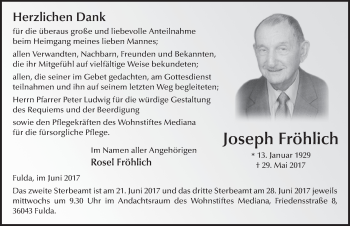 Traueranzeige von Joseph Fröhlich 