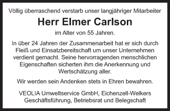 Traueranzeige von Elmer Carlson 