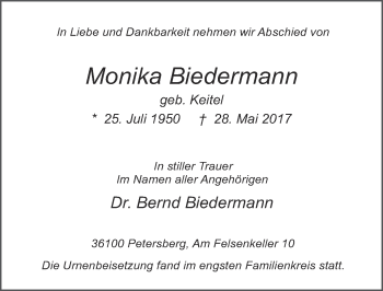 Traueranzeige von Monika Biedermann 
