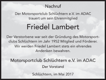 Traueranzeige von Friedel Lambert 