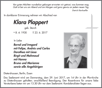 Traueranzeige von Klara Plappert 
