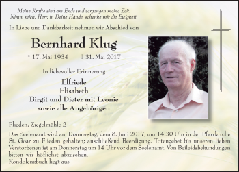 Traueranzeige von Bernhard Klug 