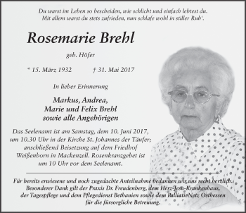 Traueranzeige von Rosemarie Brehl 