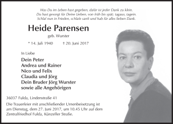 Traueranzeige von Heide Parensen 