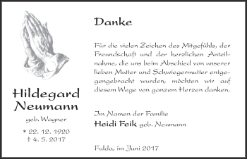 Traueranzeige von Hildegard Neumann 