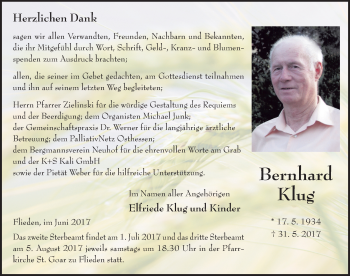 Traueranzeige von Bernhard Klug 