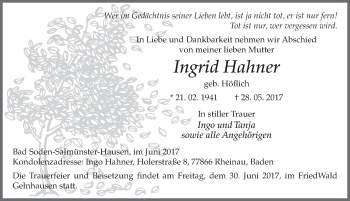 Traueranzeige von Ingrid Hahner 