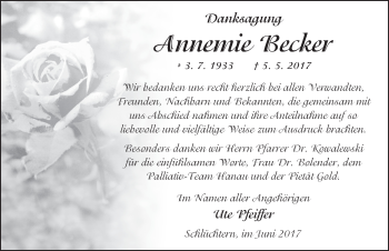 Traueranzeige von Annemie Becker 