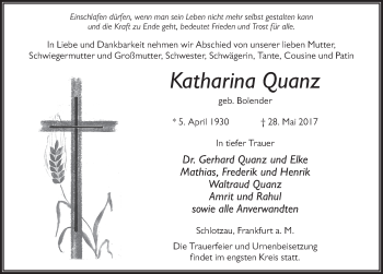 Traueranzeige von Katharina Quanz Bolender 