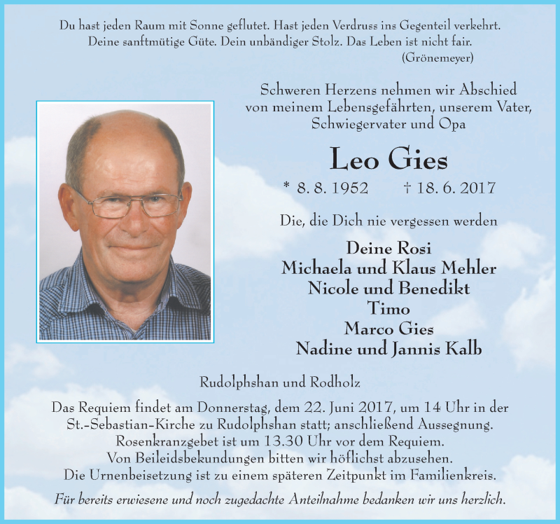  Traueranzeige für Leo Gies vom 20.06.2017 aus 