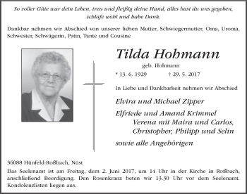 Traueranzeige von Tilda Hohmann 