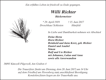Traueranzeige von Willi Richter 