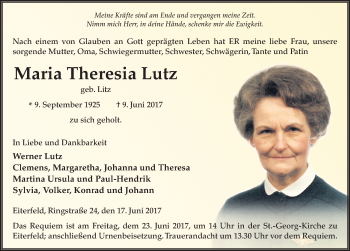 Traueranzeige von Maria Theresia Lutz 