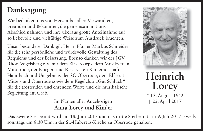  Traueranzeige für Heinrich Lorey vom 16.06.2017 aus 