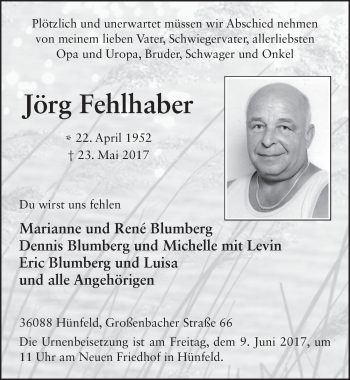 Traueranzeige von Jörg Fehlhaber 