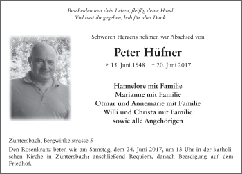 Traueranzeige von Peter Hüfner 