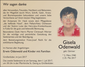 Traueranzeige von Gisela Odenwald 