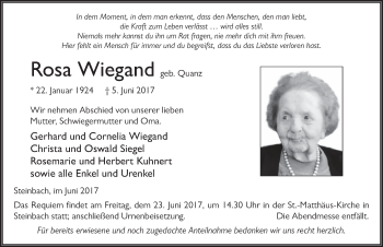 Traueranzeige von Rosa Wiegand 