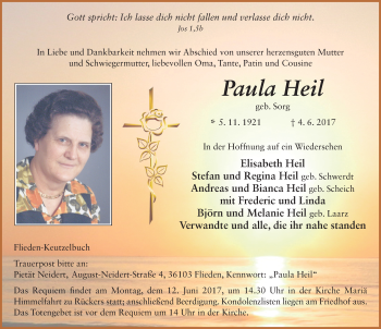 Traueranzeige von Paula Heil 