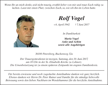 Traueranzeige von Rolf Vogel 