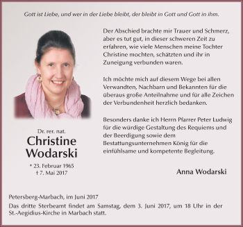 Traueranzeige von Christine Wodarski 